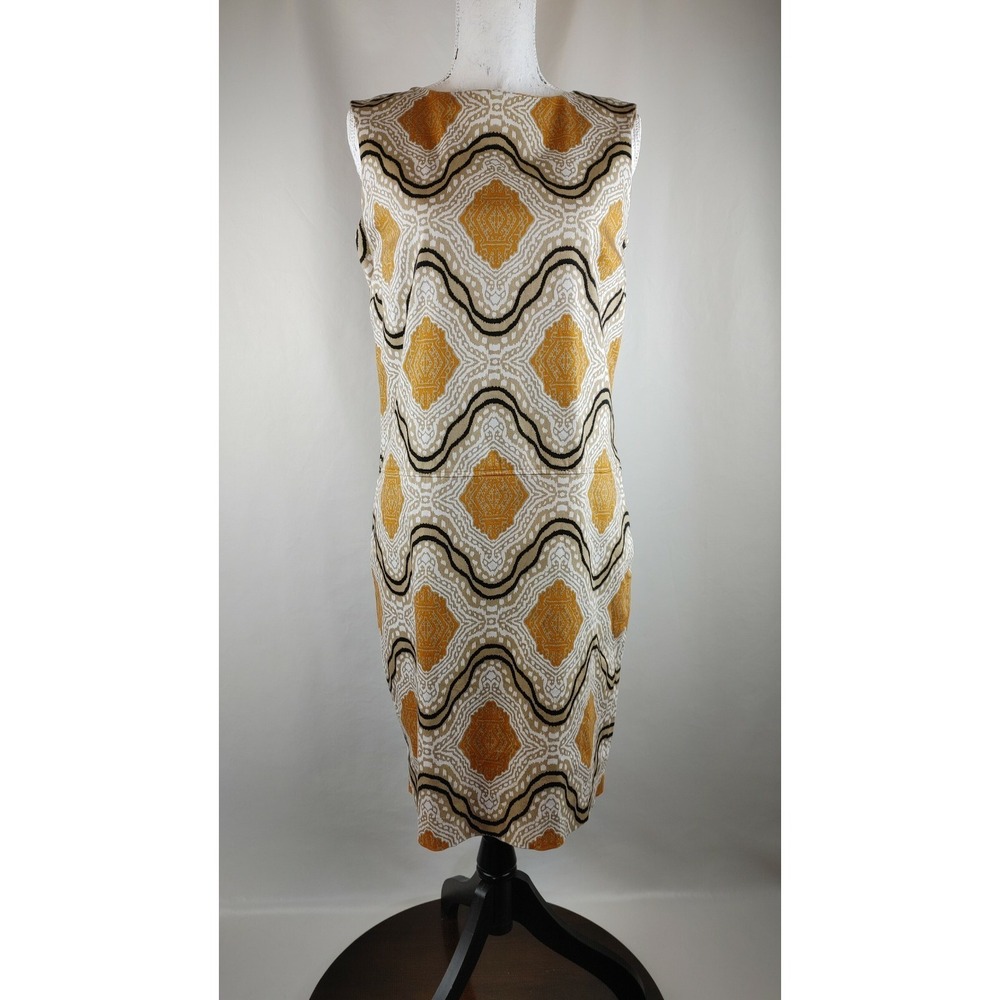 Jones New York Stretch Sleeveless Dress Gold Tan Print Drop Waist‎ Knee Length